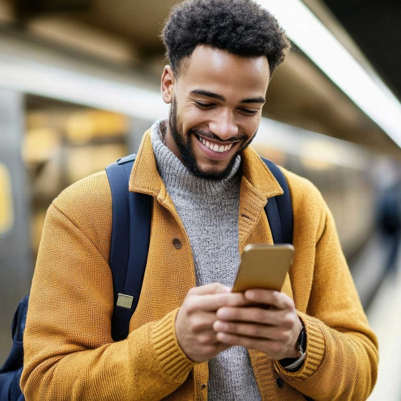 KI-generiertes Bild: Ein Mann steht auf einem Bahnsteig und schaut sich lächelnd etwas in seinem Smartphone an.