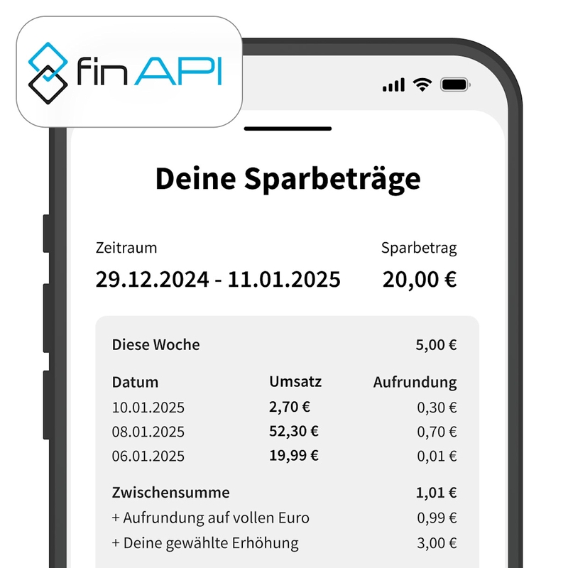 Benutzeroberfläche mit beispielhafter Liste von Kleinstbeträgen, die ein Gesamtbetrag von 20 Euro ergeben.